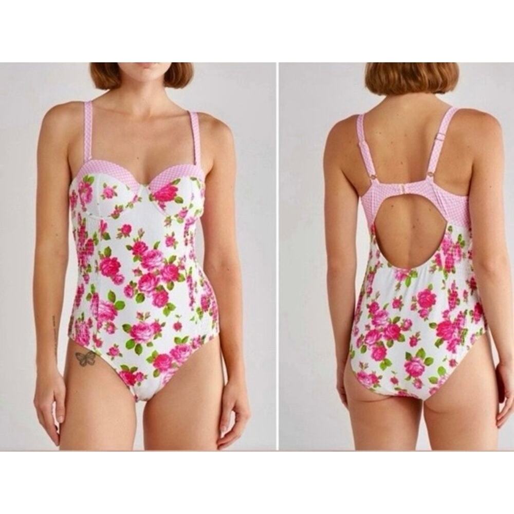Betsey Johnson Love Always Swimsuit Size Medium Floral Roses One Piece Corset